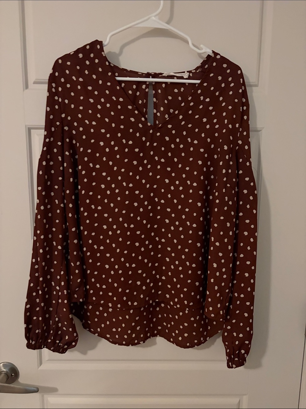 Maroon Polka Dot Long-Sleeve V-Neck Blouse